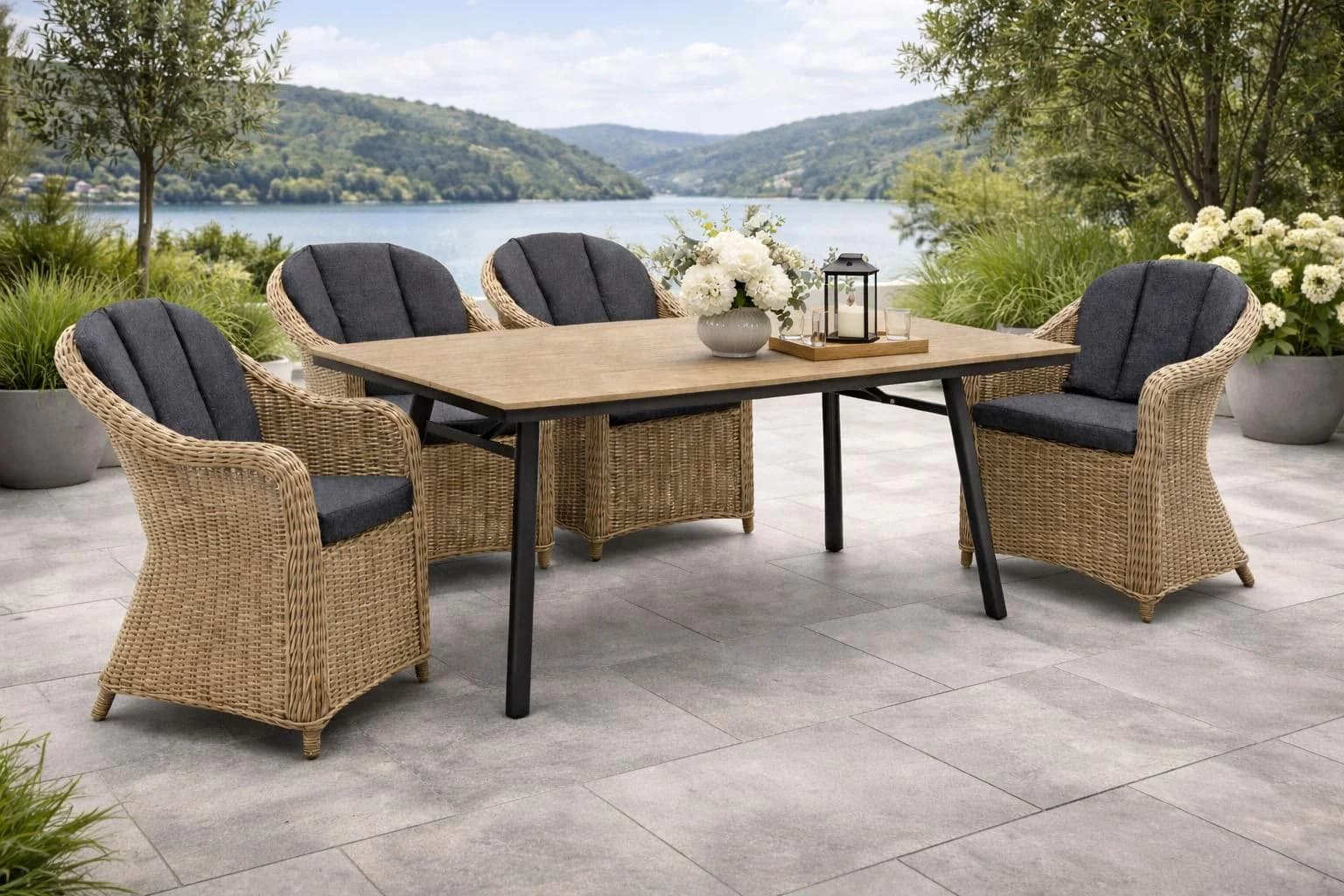 DESTINY Garten-Essgruppe 5-tlg. mit Tisch 180x90cm Polyrattan Anthrazit