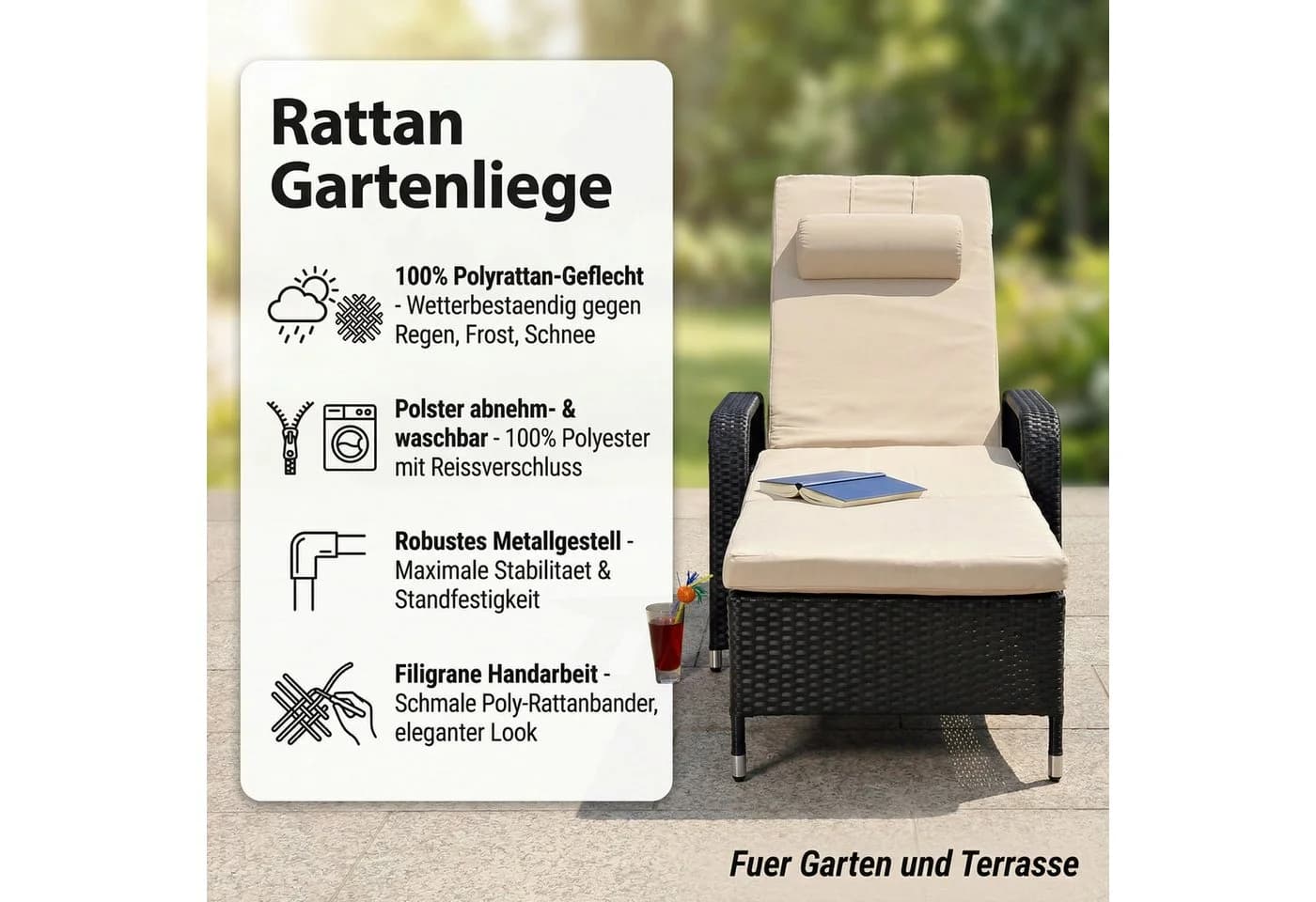 Mucola Gartenliege Rattan Sonnenliege Polyrattan Mehrfach Verstellbar