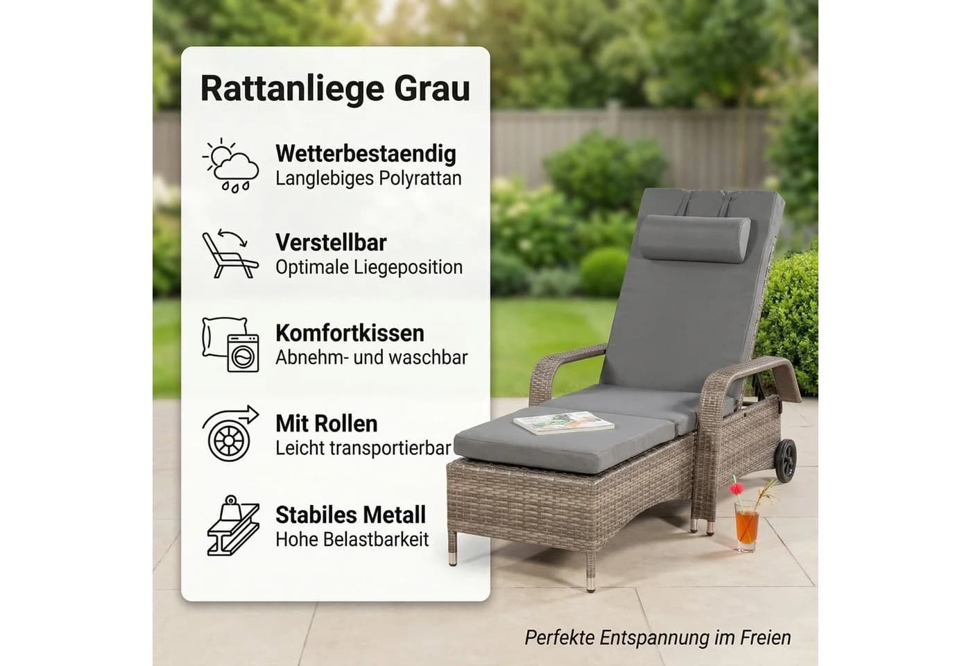 Mucola Gartenliege Rattan Sonnenliege Polyrattan Mehrfach Verstellbar