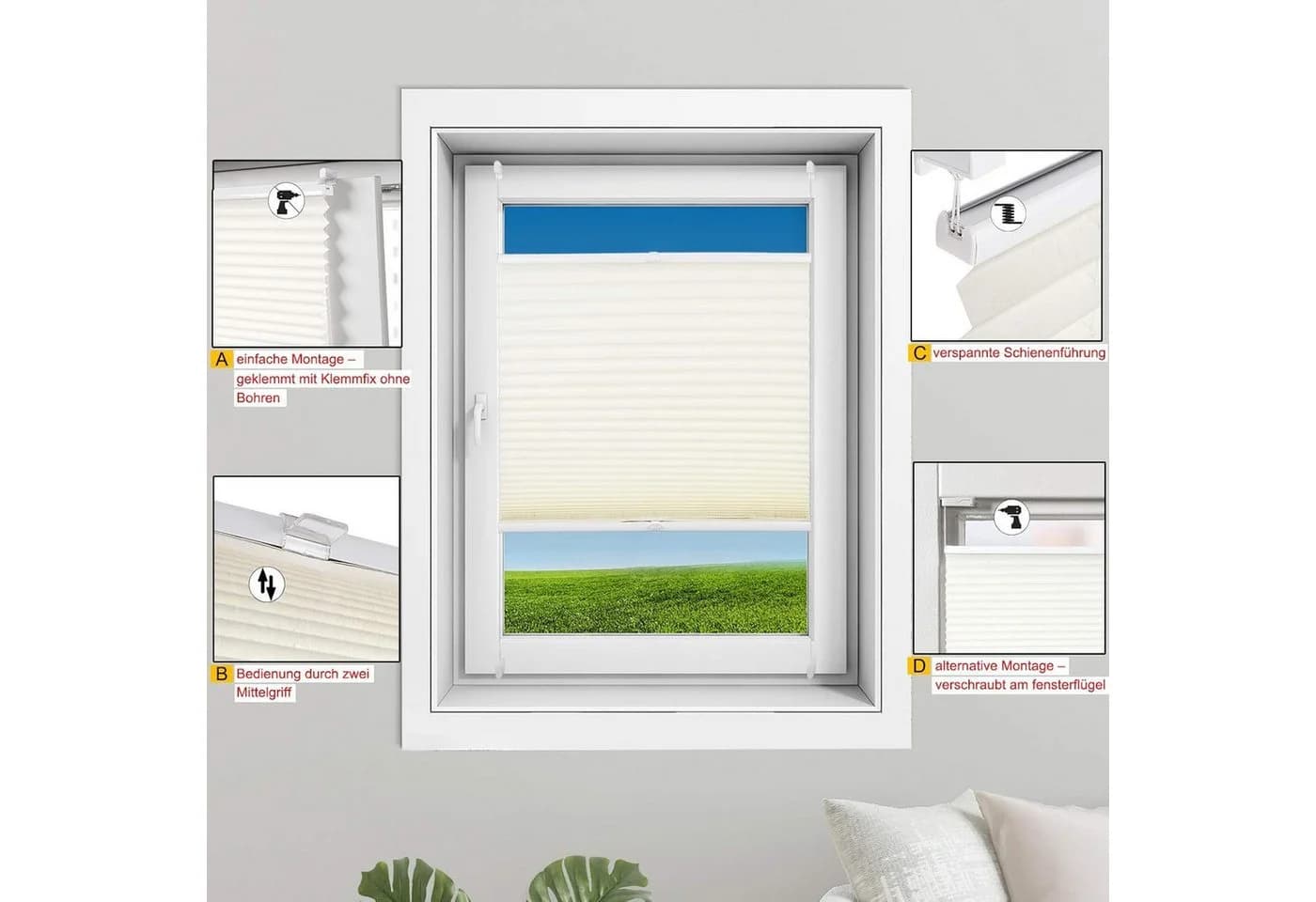 Woltu Plissee Rolle mit Klemmfix Crushed Optik Creme - Bild 4
