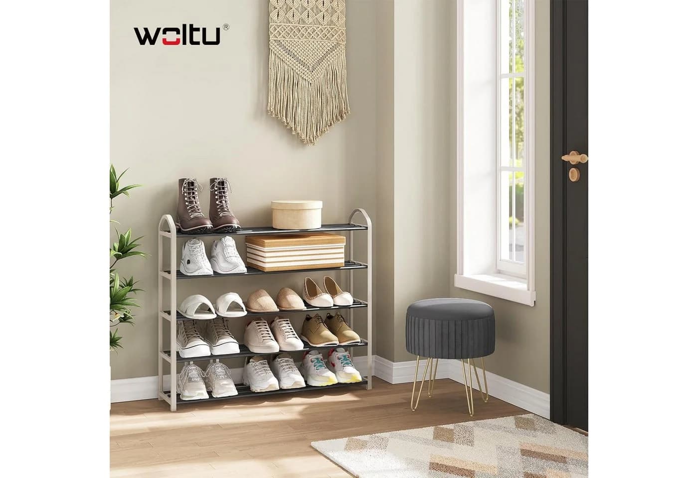 Woltu Schuhregal 5 Ablagen Beige Grau Stahl-Kunststoff