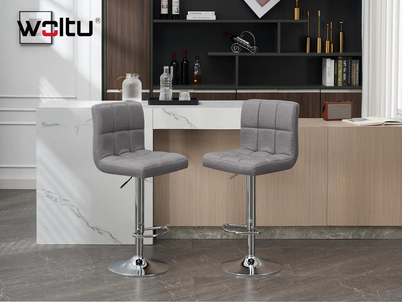 Woltu Barhocker 2er Set Verstellbar Drehbar Leinen Grau