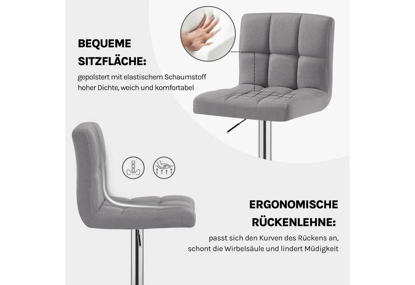 Woltu Barhocker 2er Set Verstellbar Drehbar Leinen Grau - Bild 4