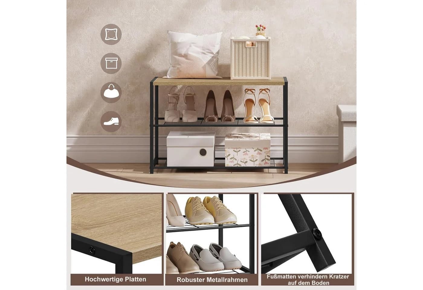 Woltu Schuhregal 1-tlg. Helle Eiche Schwarz - Bild 4