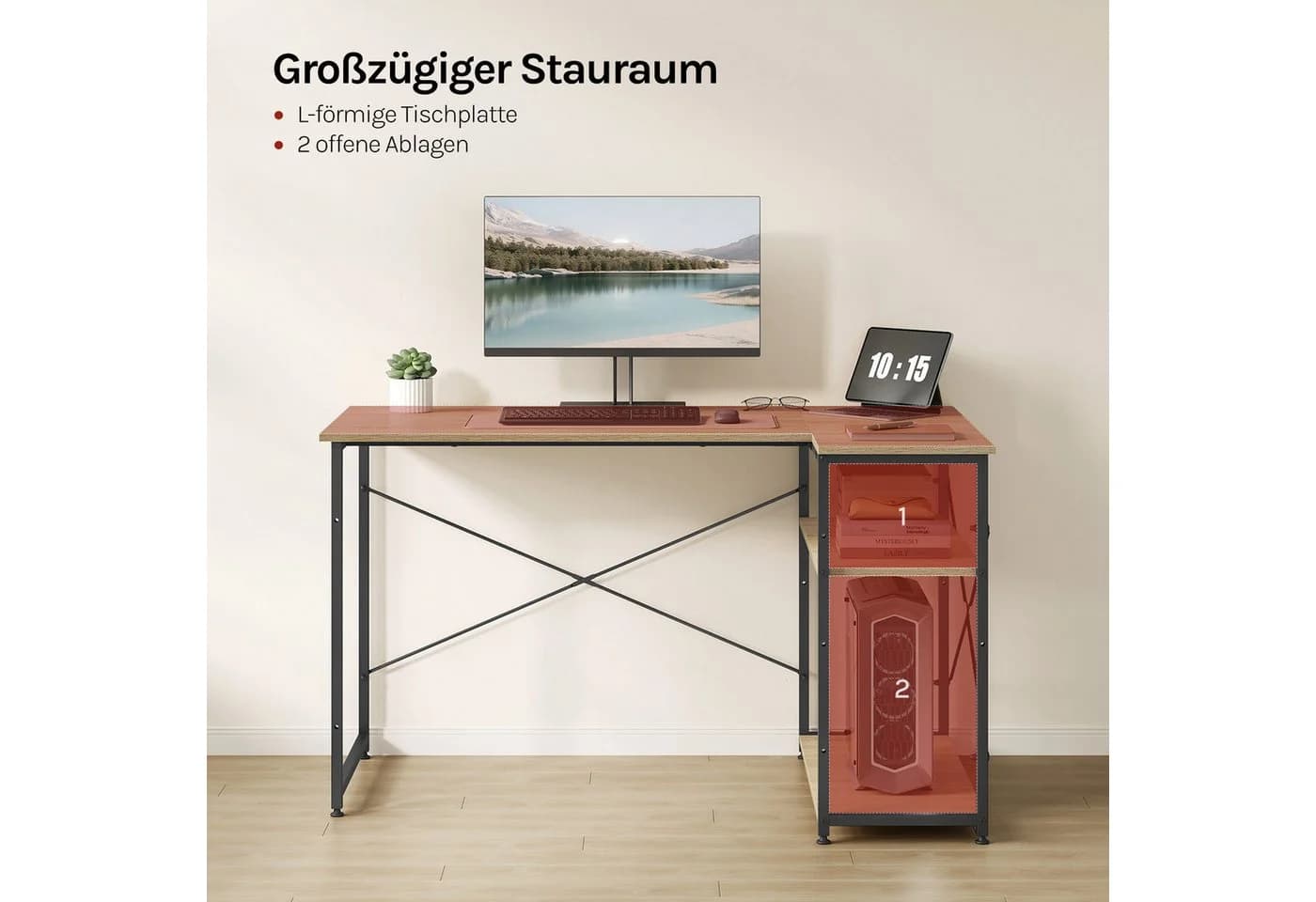 Woltu Eckschreibtisch Schwarz mit Ablage und Metallgestell - Bild 4