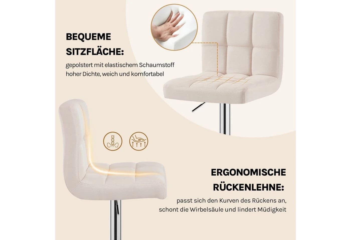 Woltu Barhocker 1 St. verstellbar, drehbar, Leinen, Cremeweiß - Bild 5
