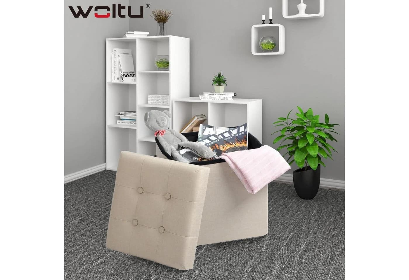 Woltu Sitzhocker Faltbar Gepolstert Beige Aufbewahrung - Bild 4