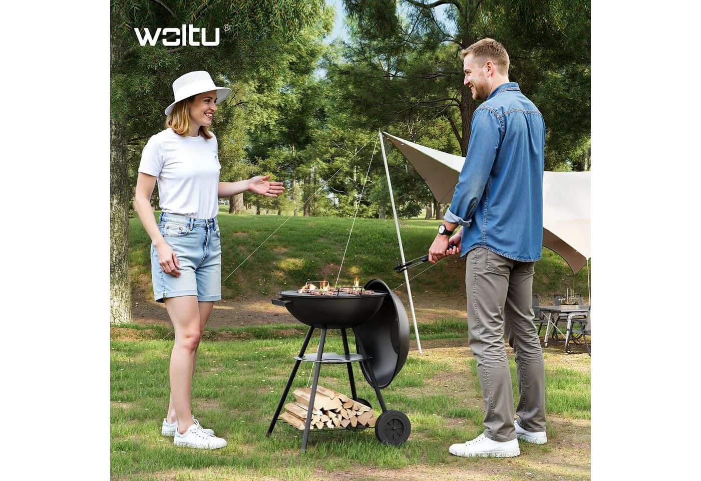 Woltu Holzkohlegrill Schwarz mit Rädern