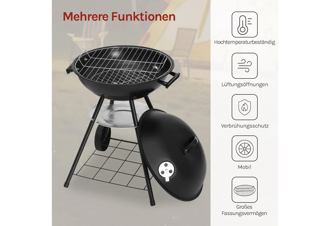 Woltu Holzkohlegrill Schwarz mit Rädern - Bild 4