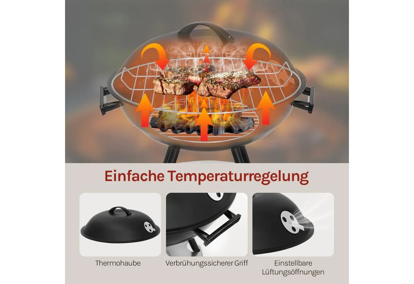 Woltu Holzkohlegrill Schwarz mit Rädern - Bild 5