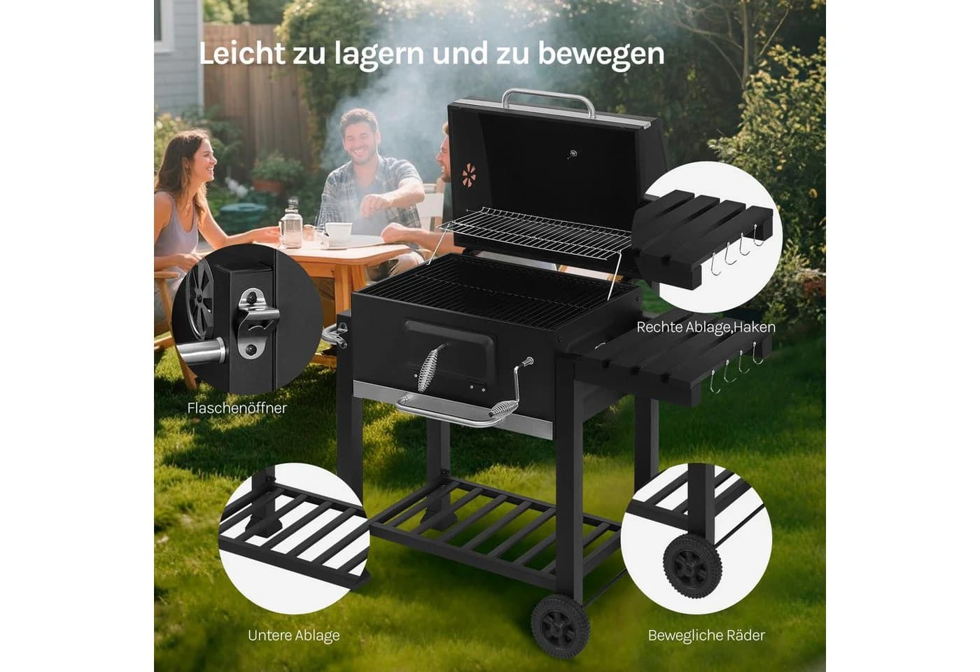 Woltu Holzkohlegrill Standgrill mit Rollen höhenverstellbar - Bild 4