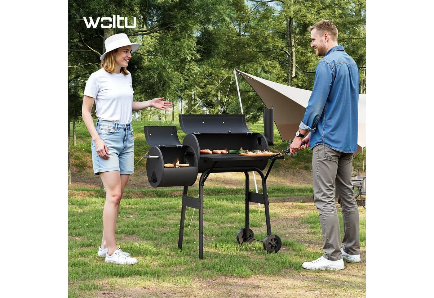 Woltu Holzkohlegrill 2 Kammern Standgrill Schwarz mit Rollen
