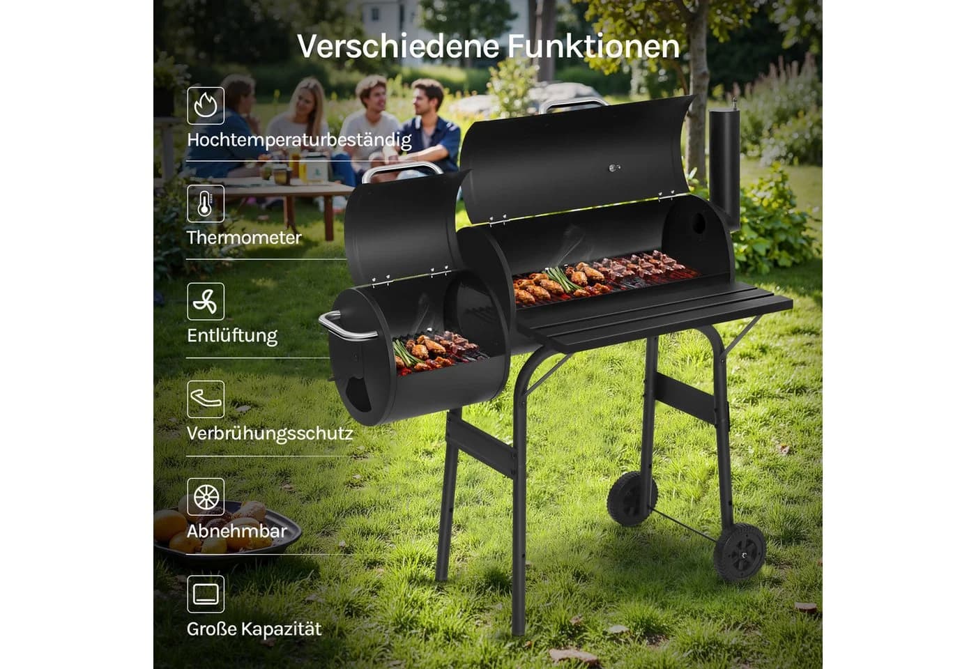 Woltu Holzkohlegrill 2 Kammern Standgrill Schwarz mit Rollen - Bild 4