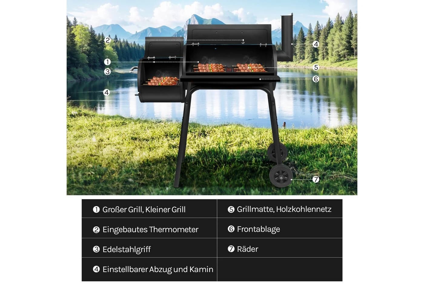 Woltu Holzkohlegrill 2 Kammern Standgrill Schwarz mit Rollen - Bild 5