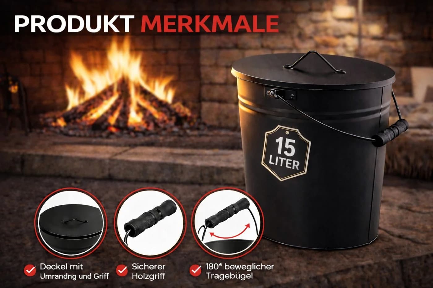 El Fuego Ascheeimer 15L Schwarz mit Deckel und Holzgriff - Bild 2