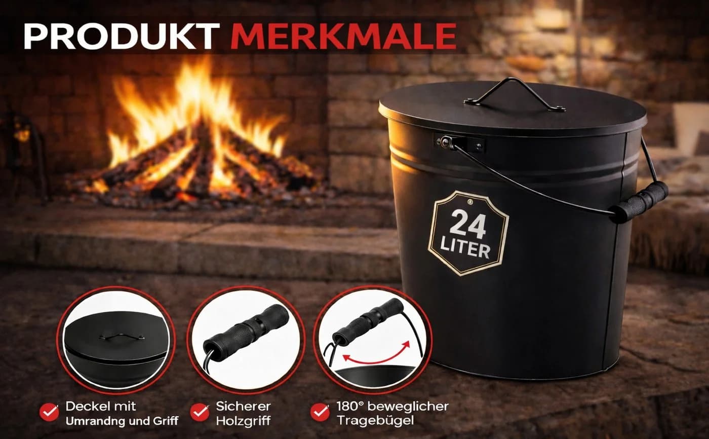 El Fuego Ascheeimer mit Deckel Schwarz 24 Liter - Bild 2