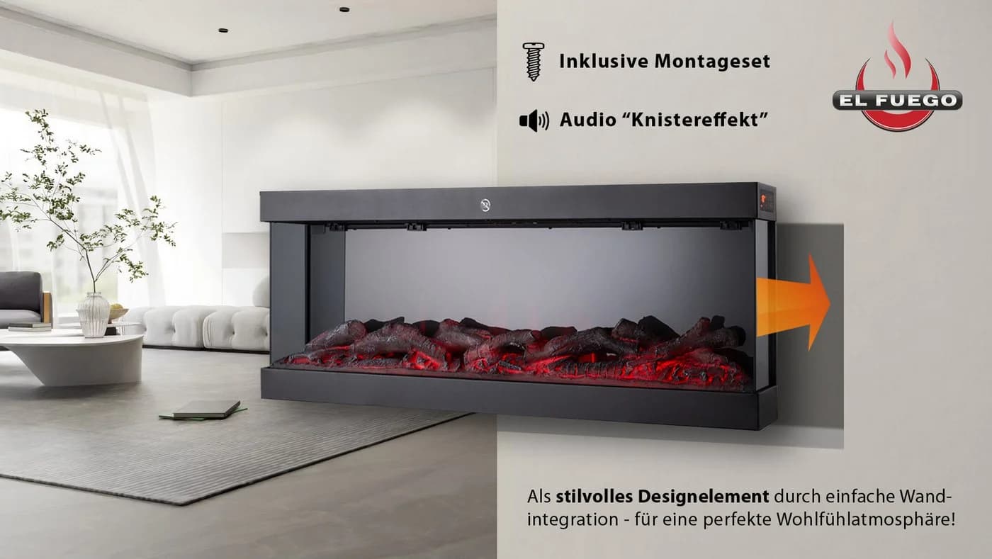El Fuego Elektrokamin Monaco 3D Wandkamin 142 cm Wandintegration inkl. Montage-Set