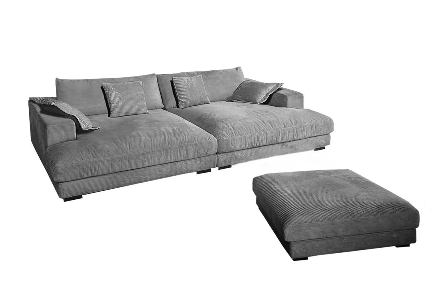 KAWOLA Big-Sofa MADELINE Großes Cordsofa Grau mit Hocker