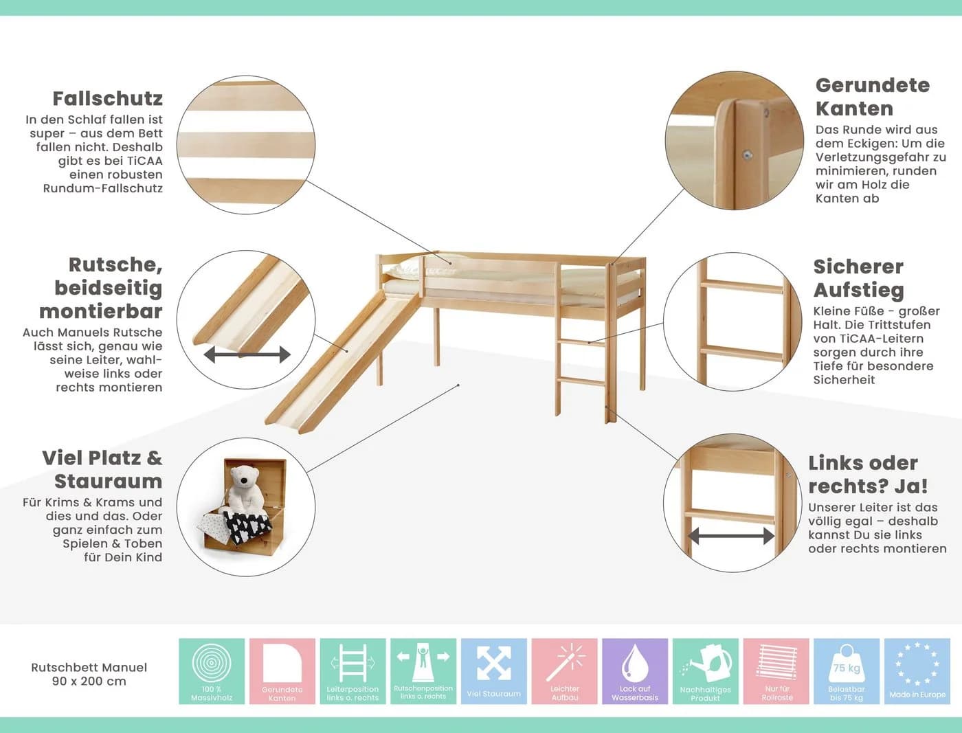 TiCAA Rutschbett Manuel Kiefer Natur Classic Kinderbett mit Rutsche - Bild 5