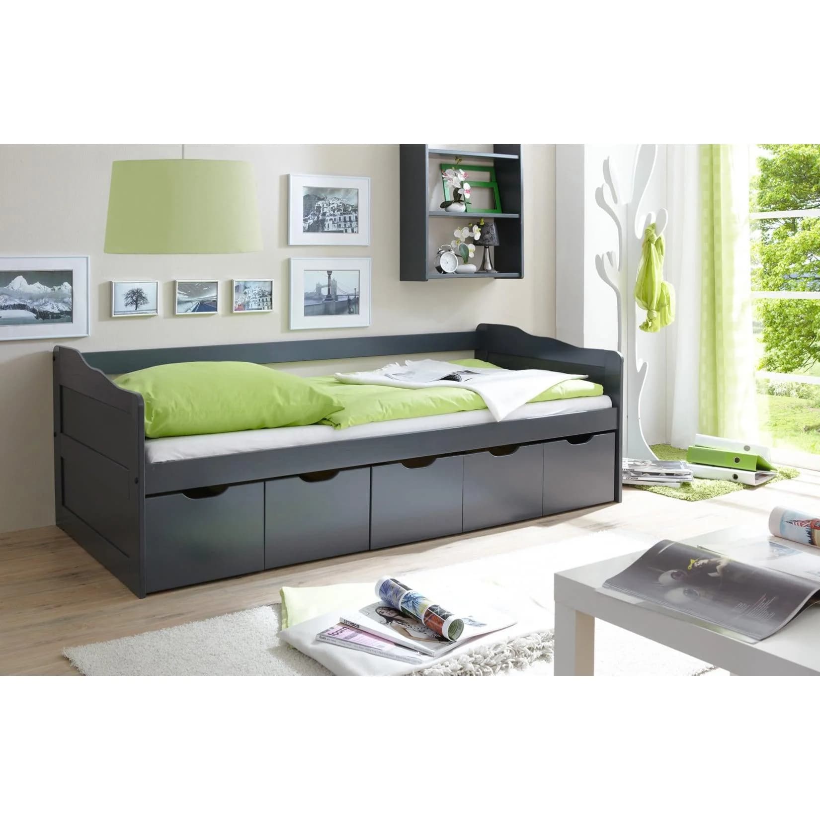 TiCAA Sofabett Maria Massivholz Grau mit 5 Schubkästen