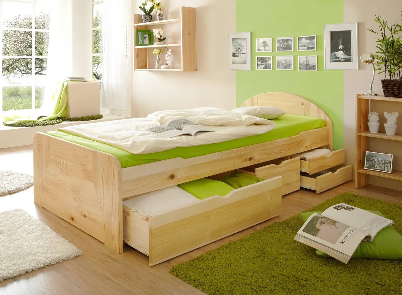 TiCAA Schubkastenbett Erna Kiefer Natur mit Stauraum
