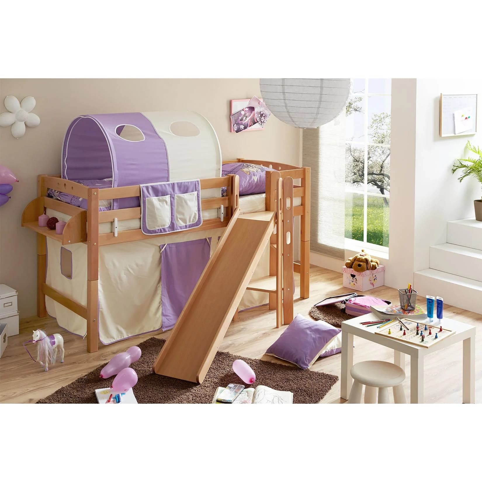 TiCAA Hochbett mit Rutsche Podestbett Tino Buche Natur Classic teilbar