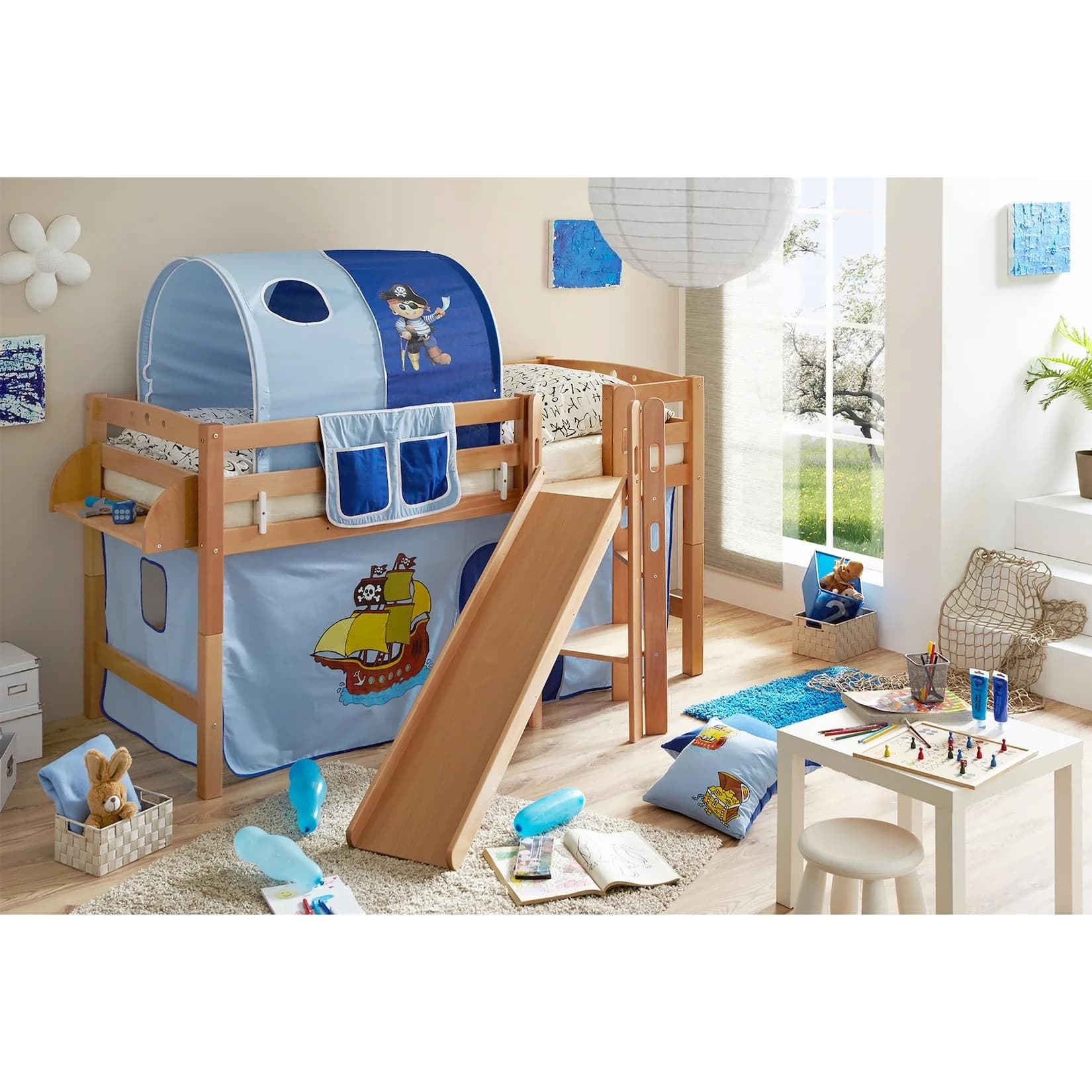 TiCAA Hochbett Tino Buche Natur mit Rutsche & Podest
