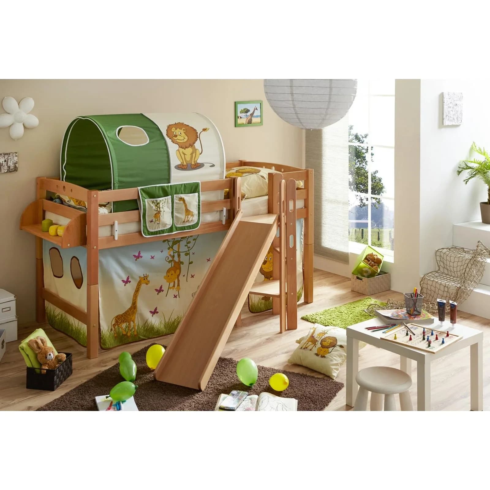TiCAA Hochbett mit Rutsche Podestbett Tino Buche Natur Motiv teilbar