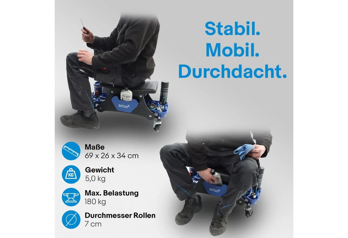 Bituxx Werkstatthocker rollbar mit Stauraum Blau/Schwarz - Bild 3