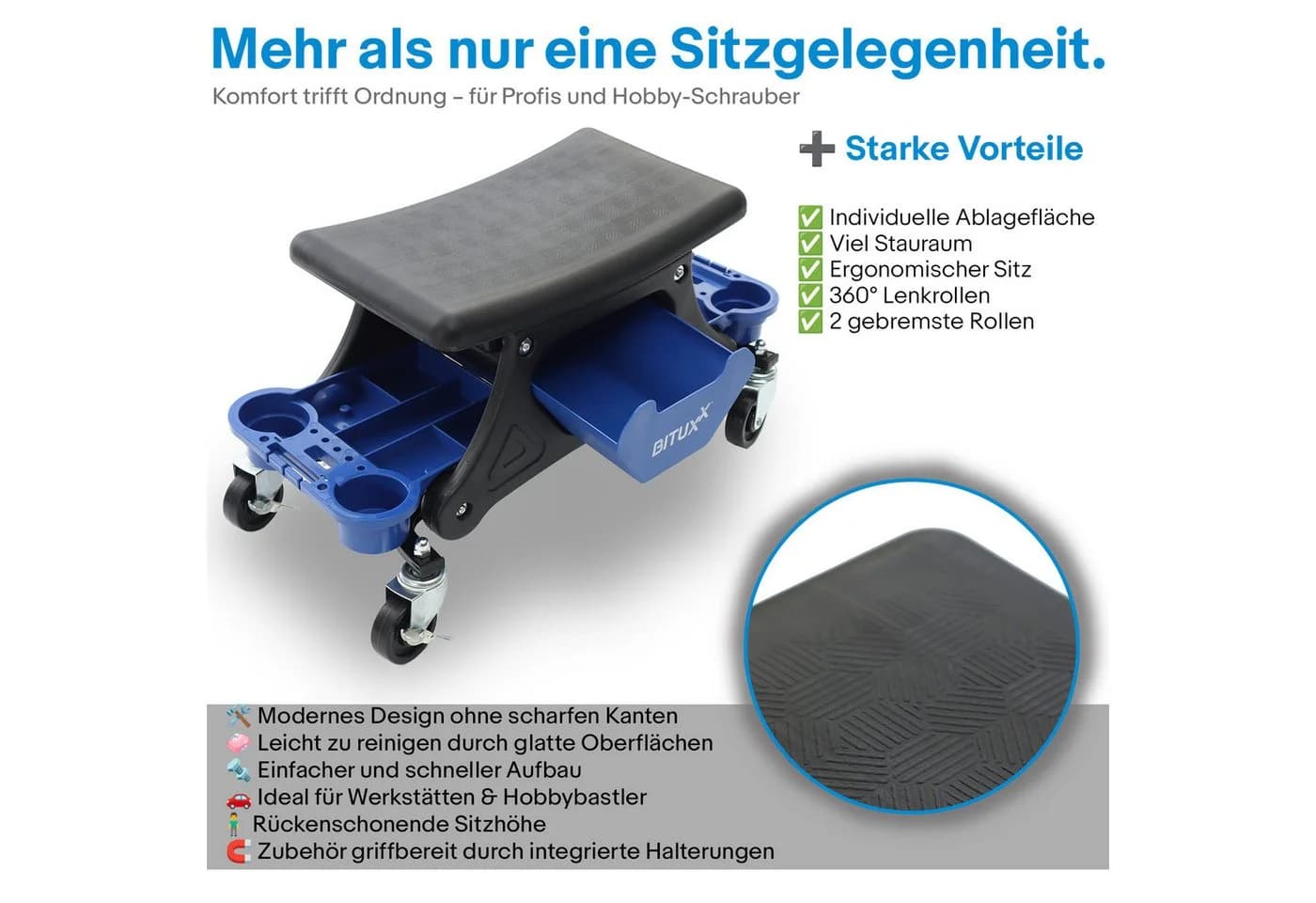Bituxx Werkstatthocker rollbar mit Stauraum Blau/Schwarz - Bild 4