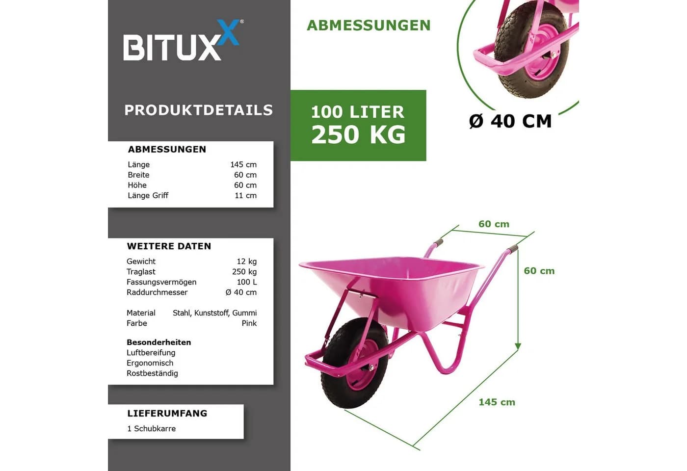 Bituxx Schubkarre 100 Liter 250 kg Rosa Schwarz Stahl - Bild 3