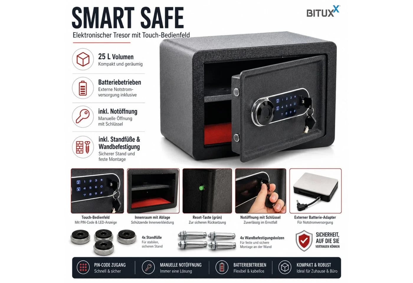 Bituxx Wandtresor Smart Safe 25L Schwarz Metall