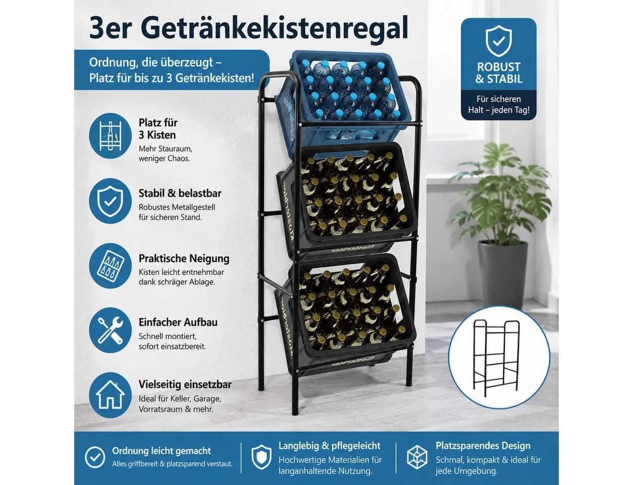 Bituxx Getränkekistenregal Schwarz 3er Flaschenregal Metall