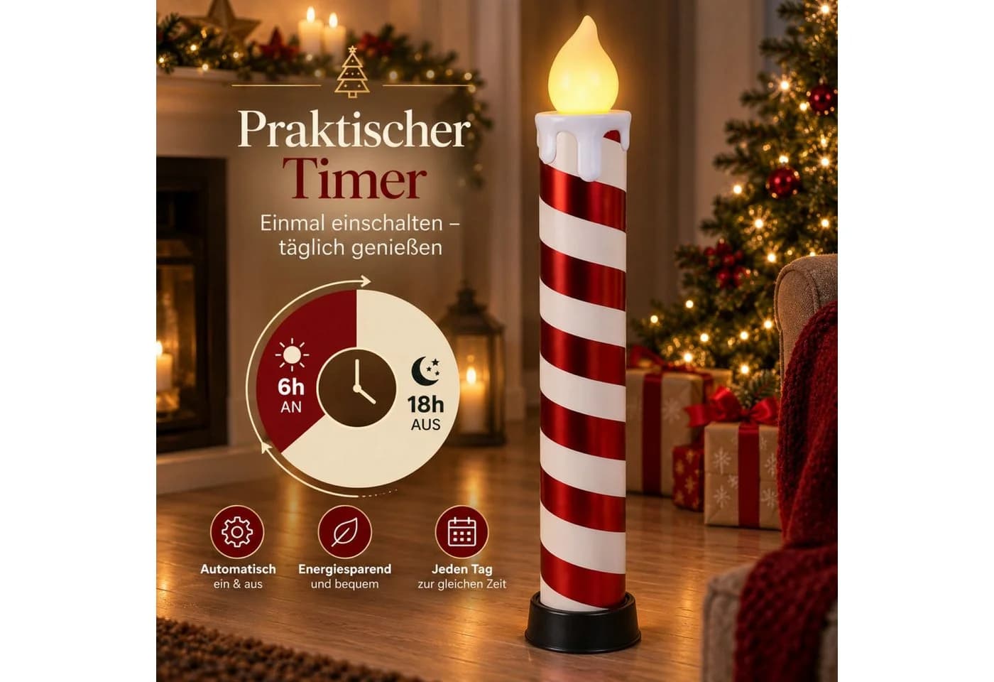 BURI LED Candy Kerze 83cm Timer Rot-Weiß - Bild 4