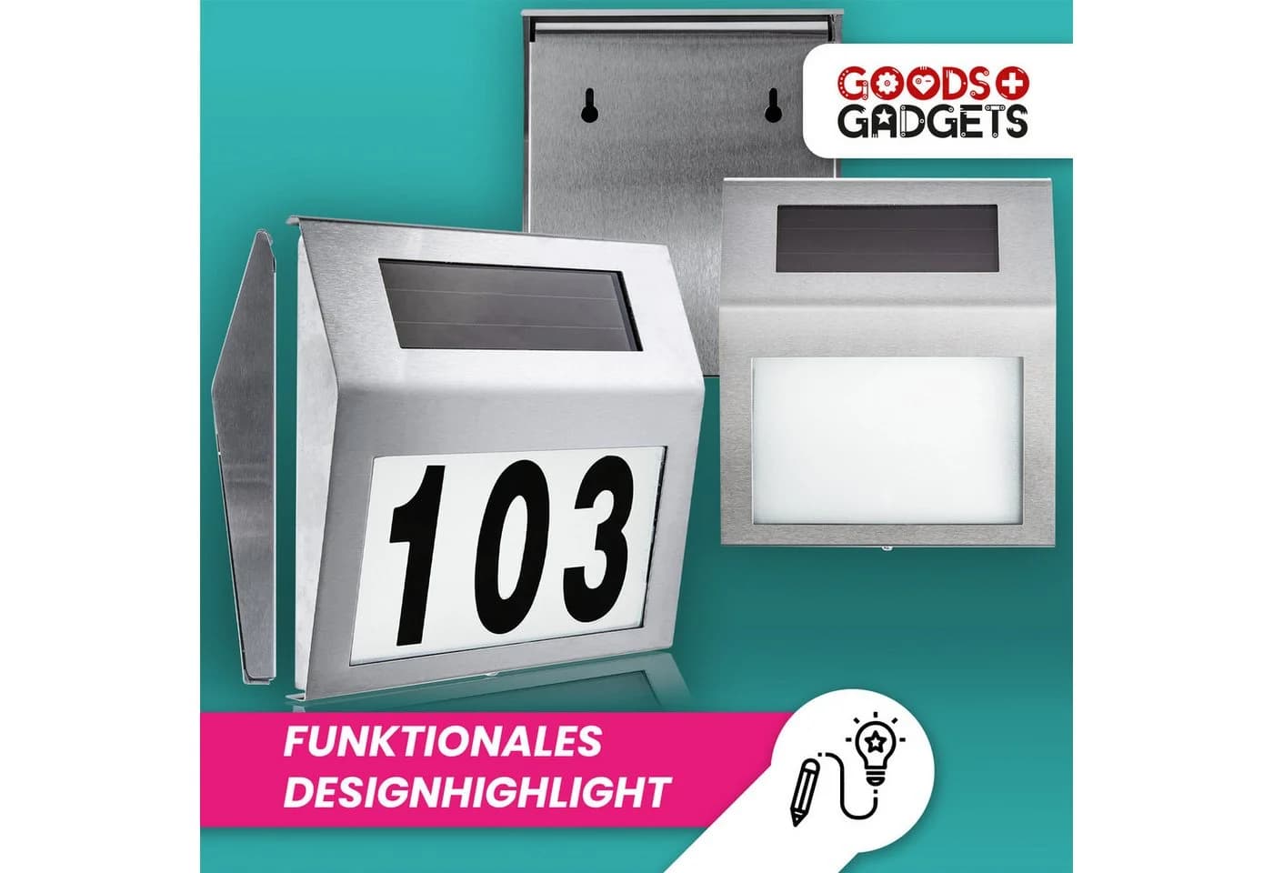 Goods+Gadgets Hausnummer Design Solar Hausnummer, LED Beleuchtung