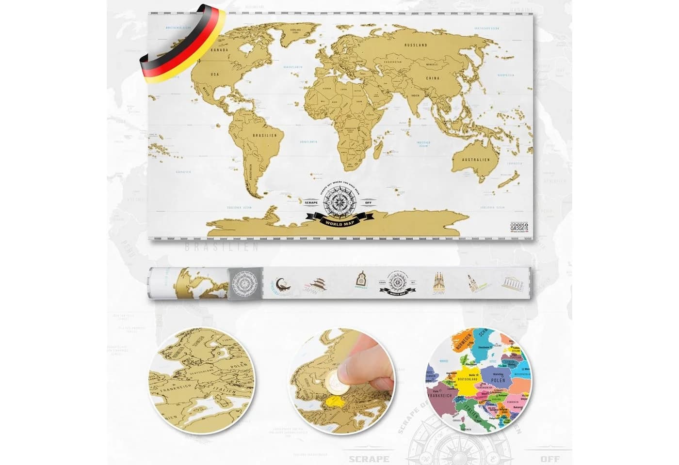 Goods+Gadgets Rubbel Weltkarte Poster – Interaktive Reise-Karte zum Freirubbeln