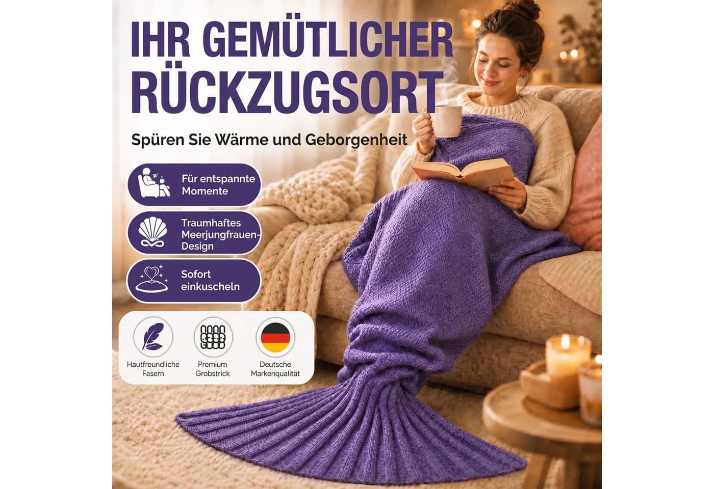 FELUNA Wohndecke Meerjungfrau Acryl mit Schwanzflosse Violett