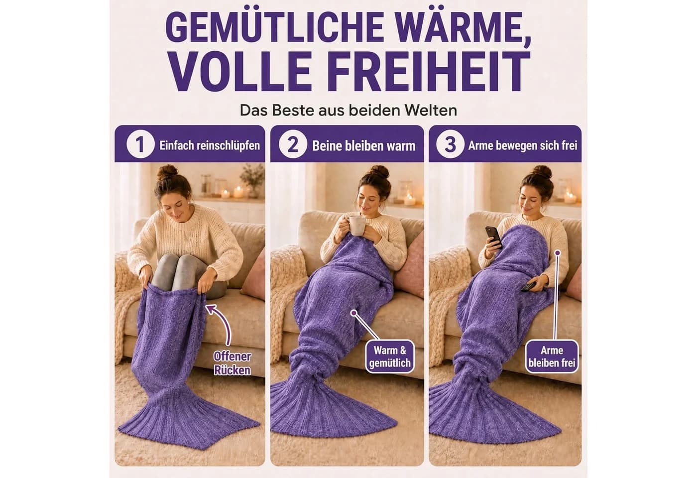 FELUNA Wohndecke Meerjungfrau Acryl mit Schwanzflosse Violett - Bild 5