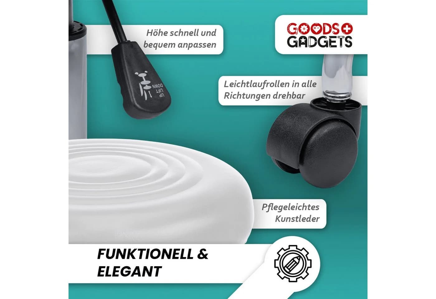 Goods+Gadgets Drehhocker Höhenverstellbar Weiß - Ergonomischer Rollhocker - Bild 4