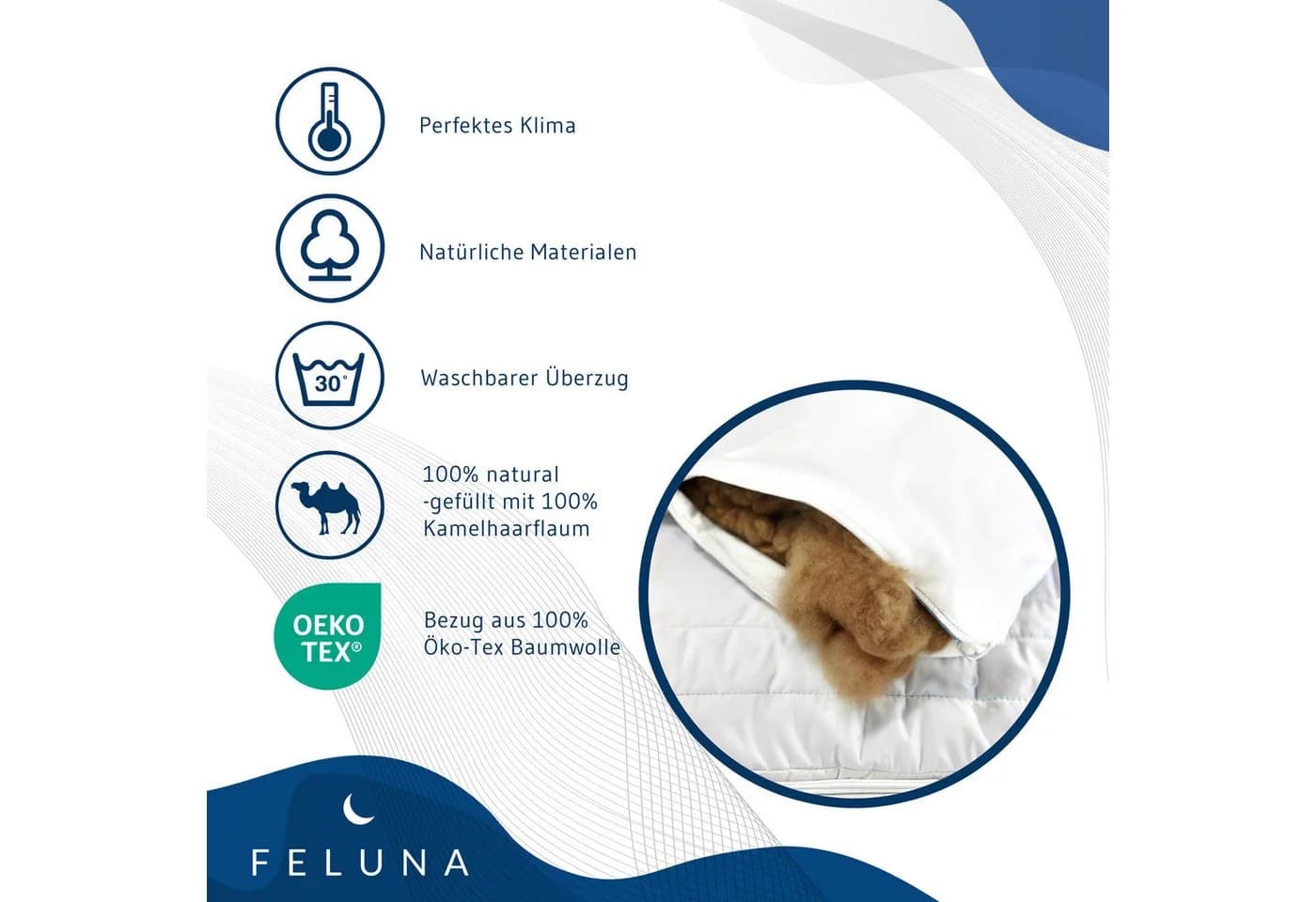 Feluna Kopfkissen 100% Kamelhaarflaum Ergonomisch Atmungsaktiv
