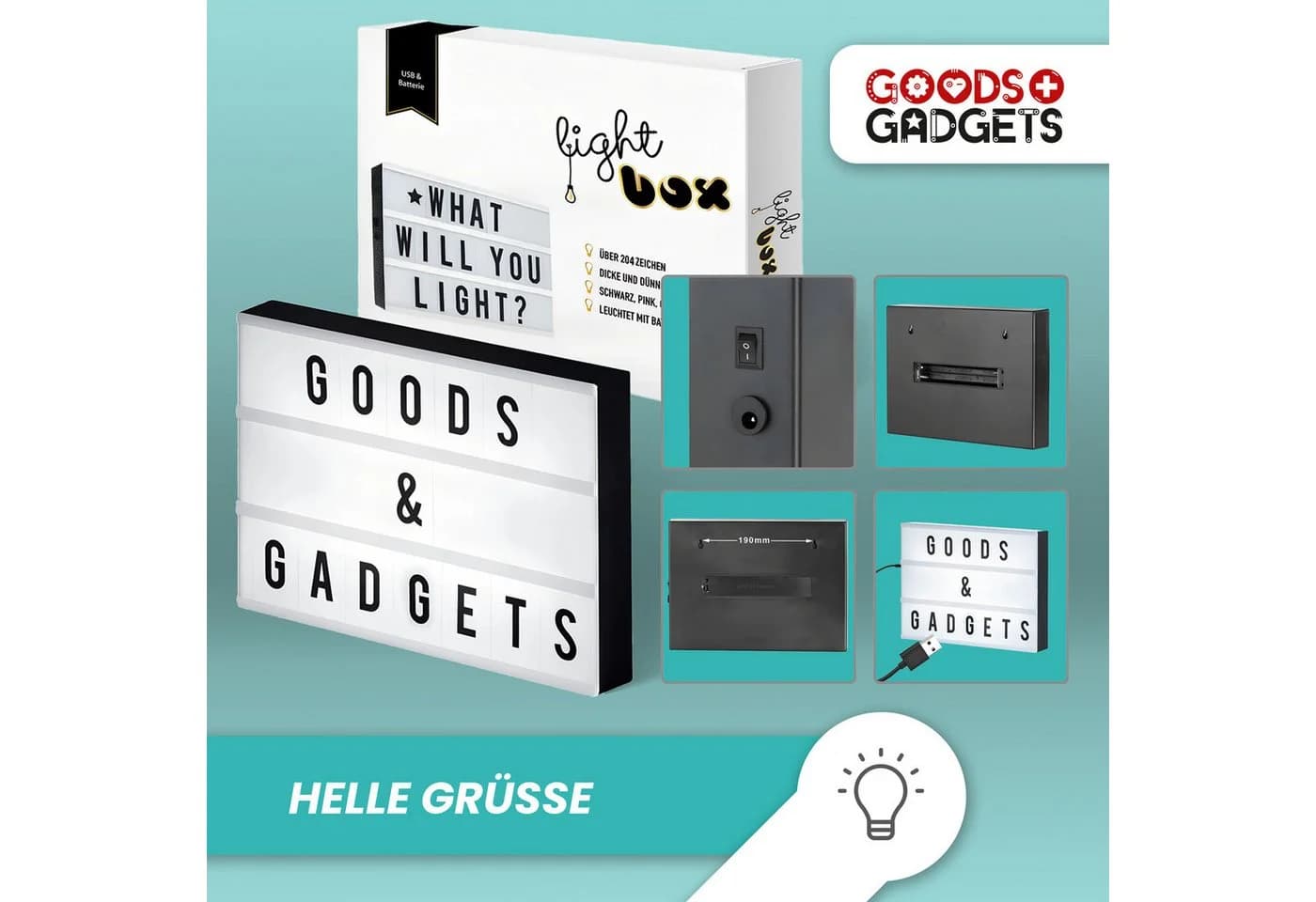 Goods+Gadgets LED Lichtbox mit Buchstaben - Botschaftsbox Schwarz/Weiß