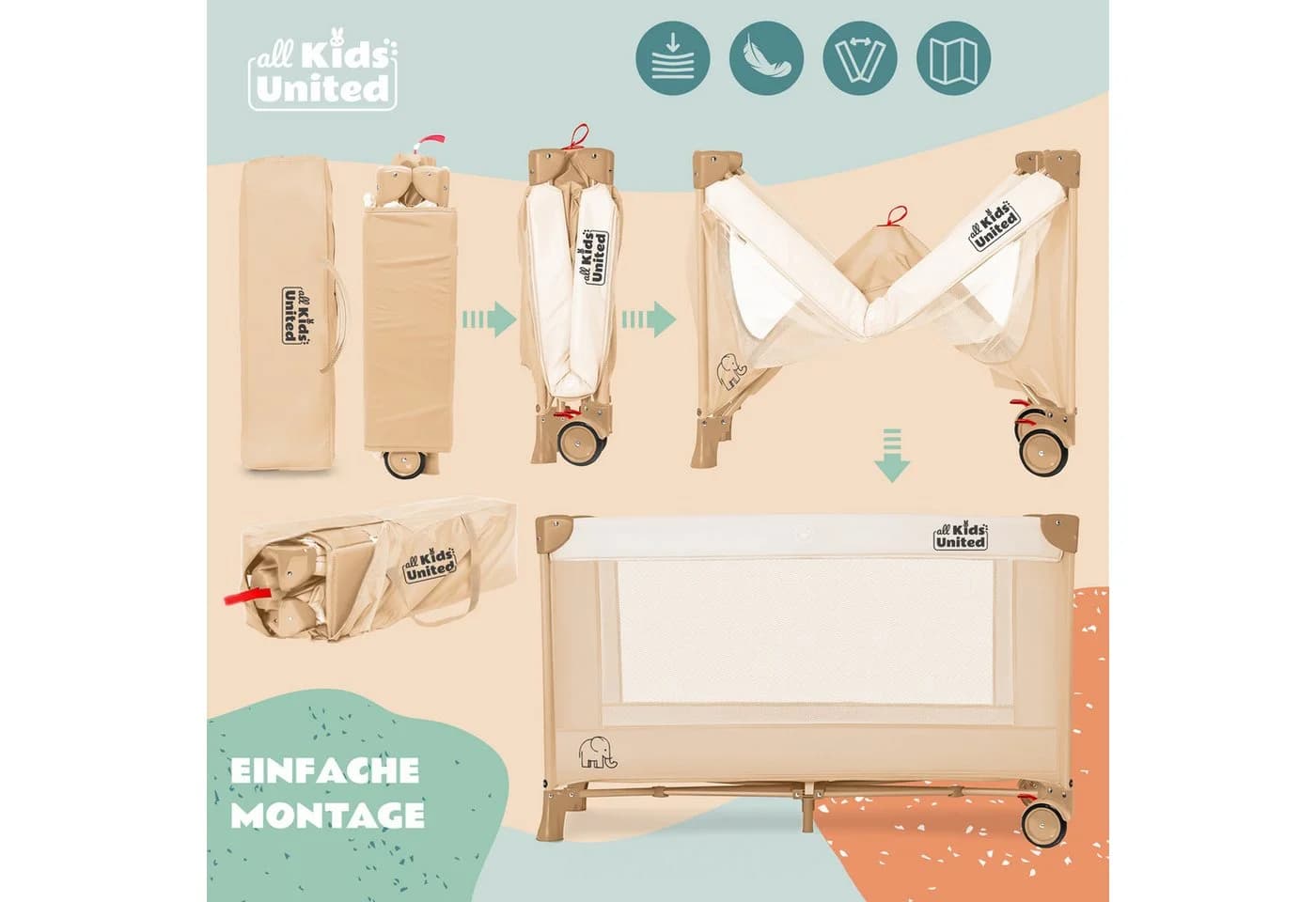 All Kids United Baby-Reisebett Tragbar mit Matratze und Musik-Mobile Beige - Bild 3