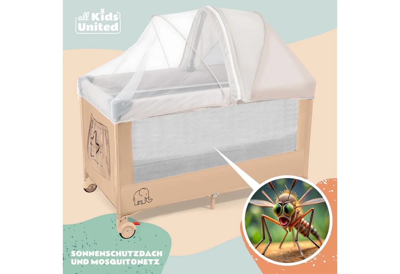 All Kids United Baby-Reisebett Tragbar mit Matratze und Musik-Mobile Beige - Bild 5