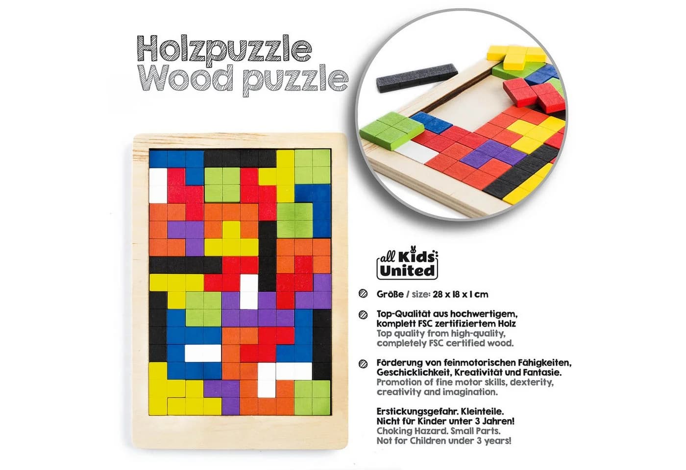all Kids United Steckpuzzle 3D Tetris Holz-Puzzle 40 Teile Bunt - Bild 3