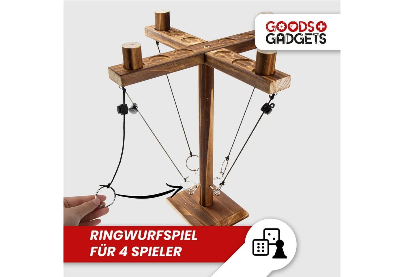 Goods+Gadgets Holz Ringwurf Spiel – Aktion Hakenspiel für 2 Spieler, Ringwurfspiel Deluxe, Ring Toss Hook Battle-Game