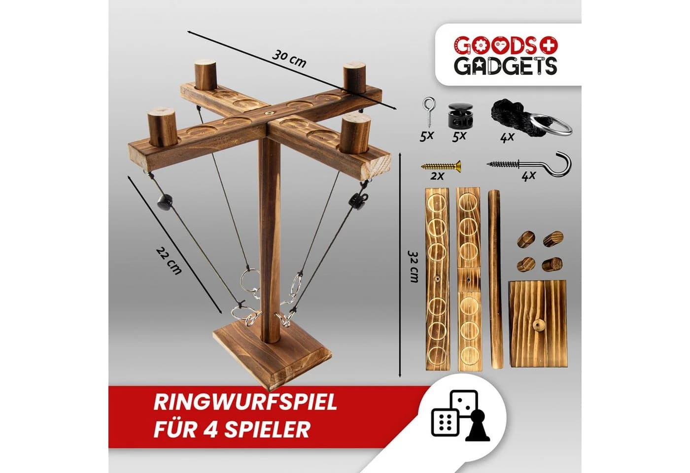 Goods+Gadgets Holz Ringwurf Spiel – Aktion Hakenspiel für 2 Spieler, Ringwurfspiel Deluxe, Ring Toss Hook Battle-Game - Bild 5
