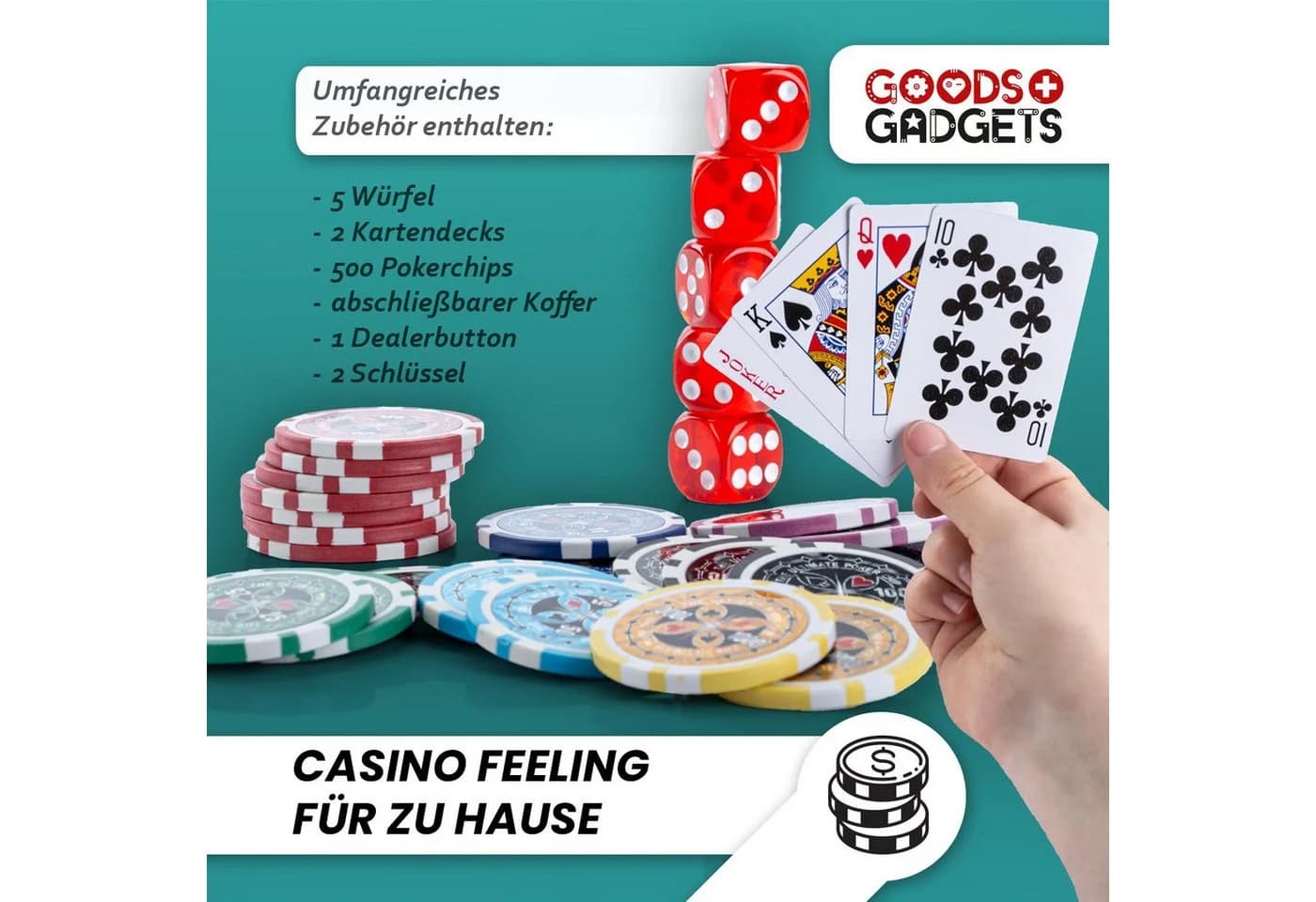 Goods+Gadgets Profi Poker Set mit 300-500 Chips und Koffer Gold
