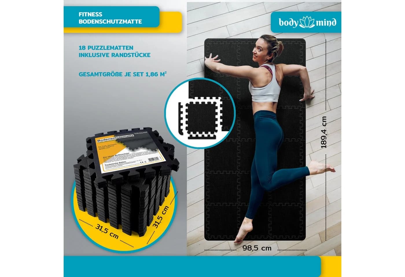 Body & Mind Bodenschutzmatte XXL 54-teilig Schwarz EVA-Schaum - Bild 5