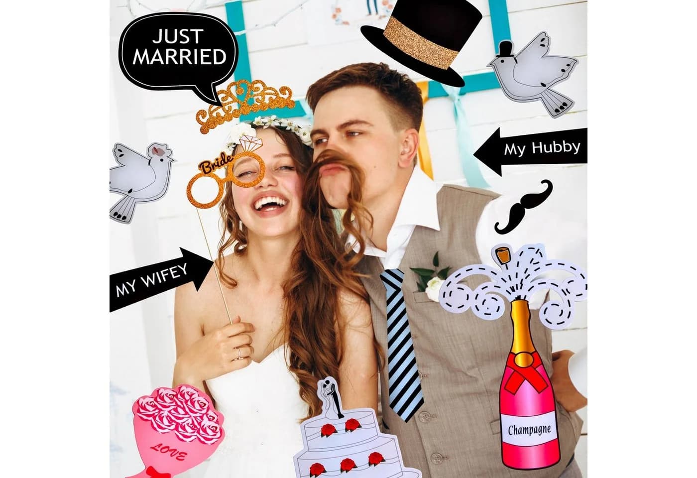 Goods+Gadgets Papier-Foto-Requisiten Set Hochzeit Selfie Sticks