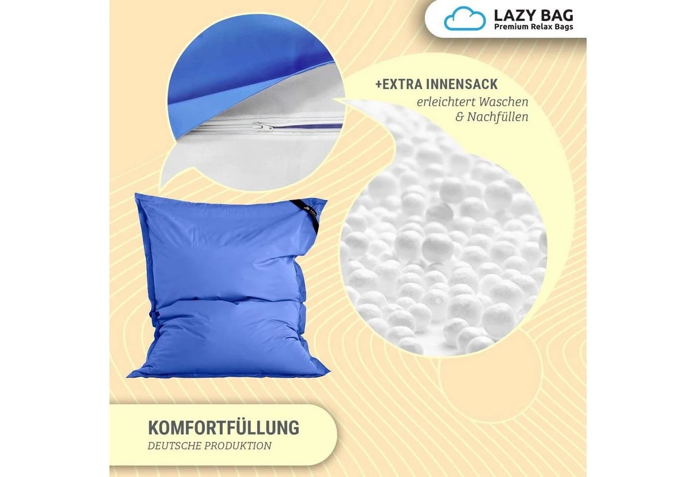 LazyBag Sitzsack XL 250 Liter Wasserfest Indoor Outdoor Blau - Bild 5